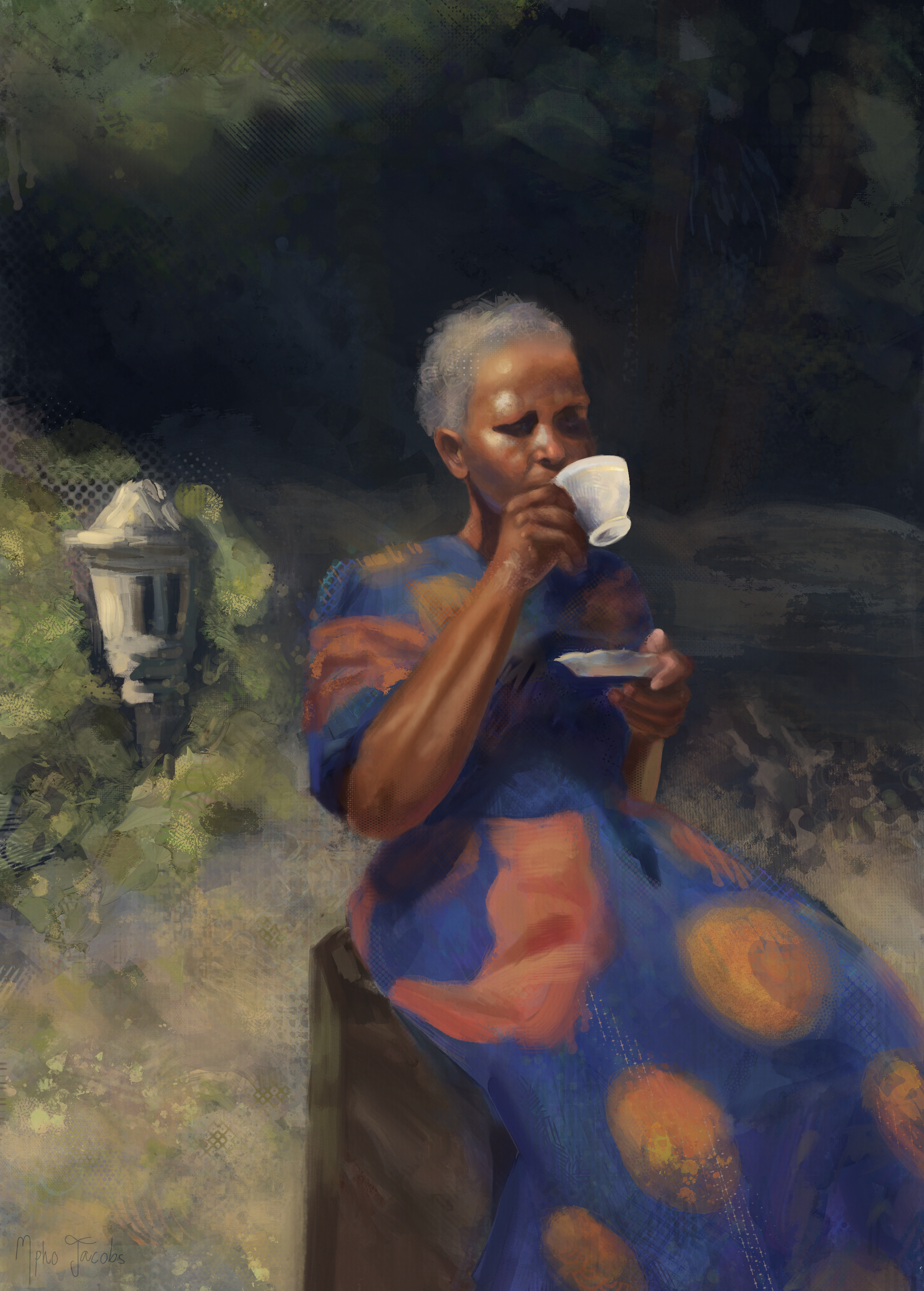 A digital painting showing an African woman drinking tea. She sits on a chair. The background is abstract in dark colours.