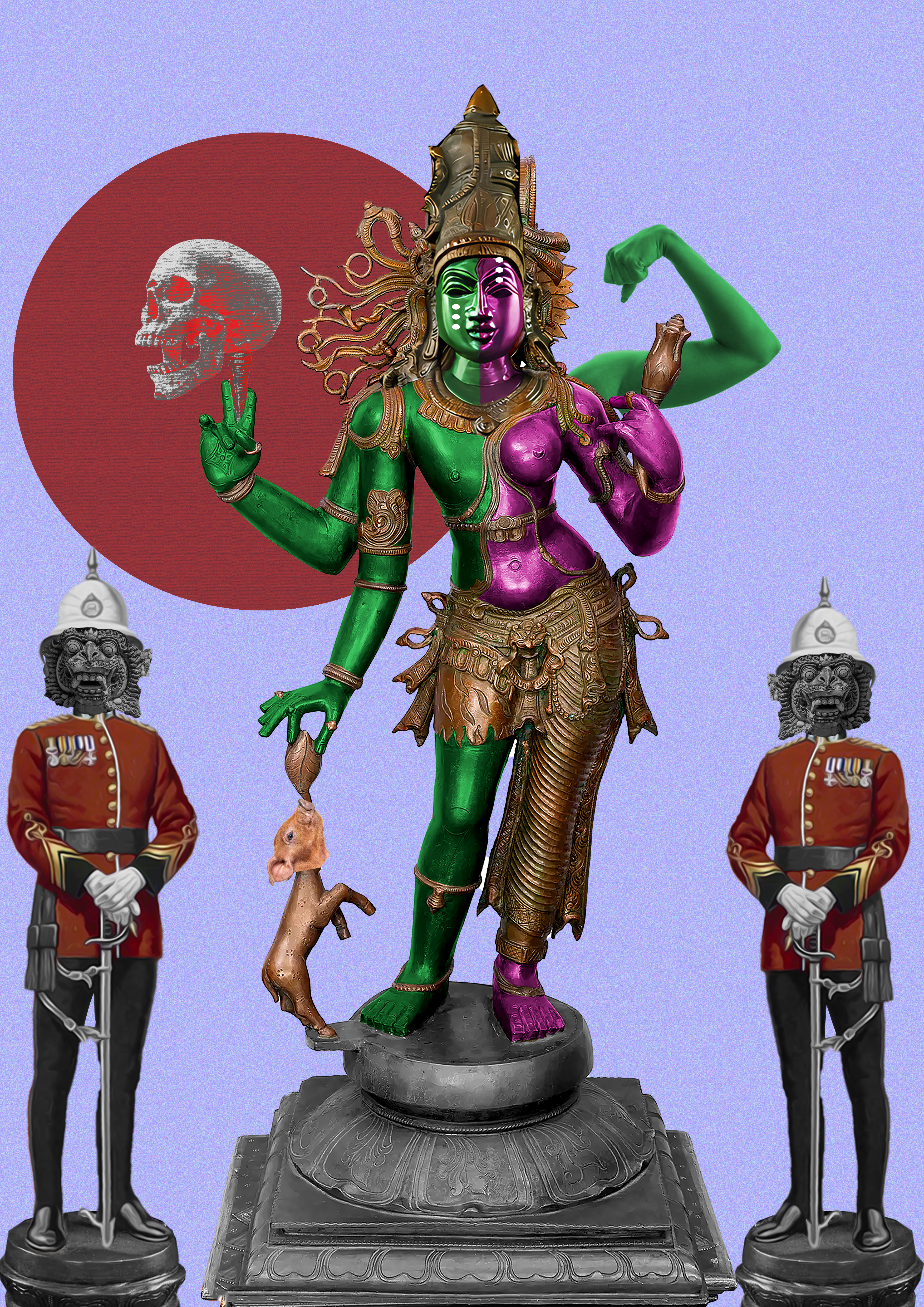 An Indian god in green and pink is in the middle of the artwork, to the left and right are temple guardians.
